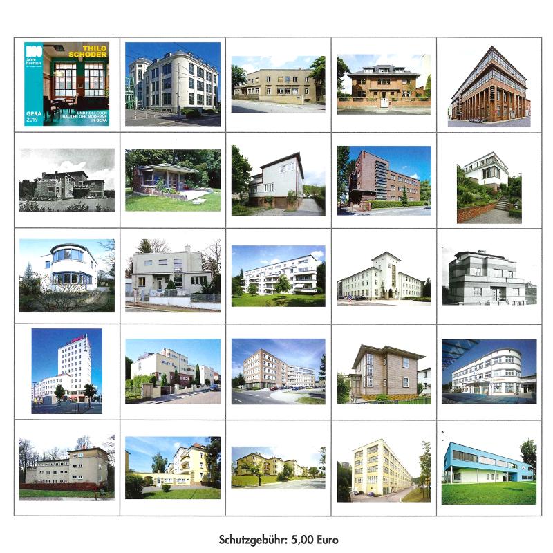 Rückansicht des Kalenders mit 25 kleinen Abbildungen der Gebäude von Thilo Schoder und Kollegen