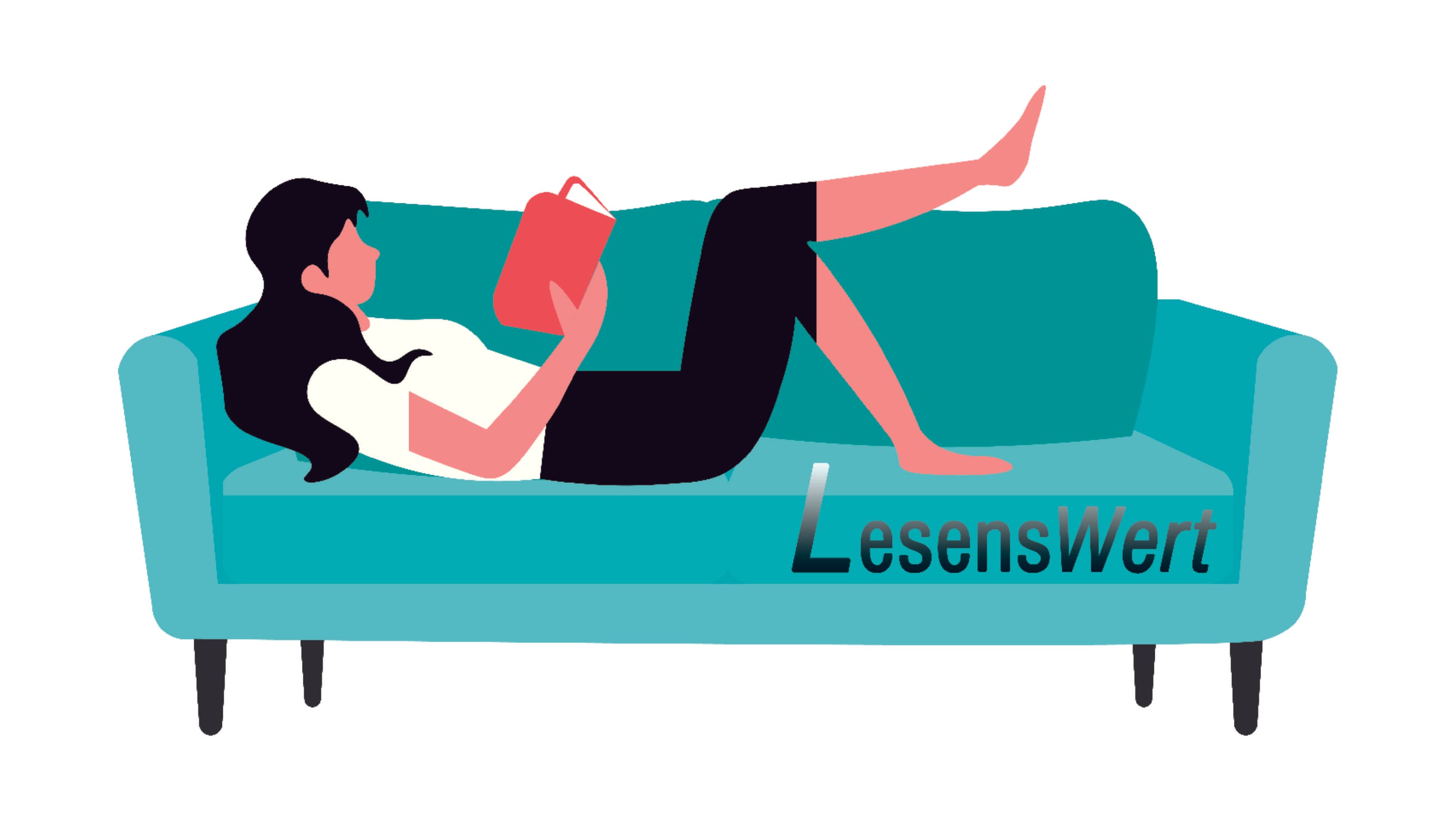 Schwarzhaarige Frau, mit weißem Oberteil, schwarzer, kurzer Hose und rotem Buch in der Hand, liegt auf einer grünen Couch