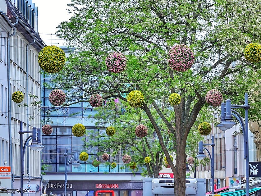 Ein Straßenzug, der mit Blumenbällen an Seilen überspannt ist. © Stadt Gera