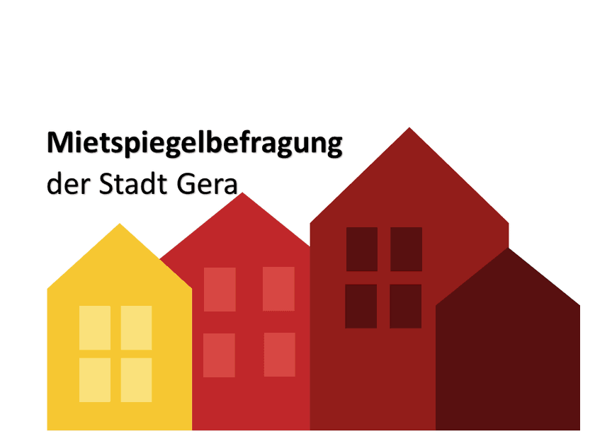Eine stilisierte Häusergrafik in warmen rot-tönen und gelben Akzent mit dem Schriftzug "Mietspiegelbefragung der Stadt Gera". © Stadtverwaltung Gera